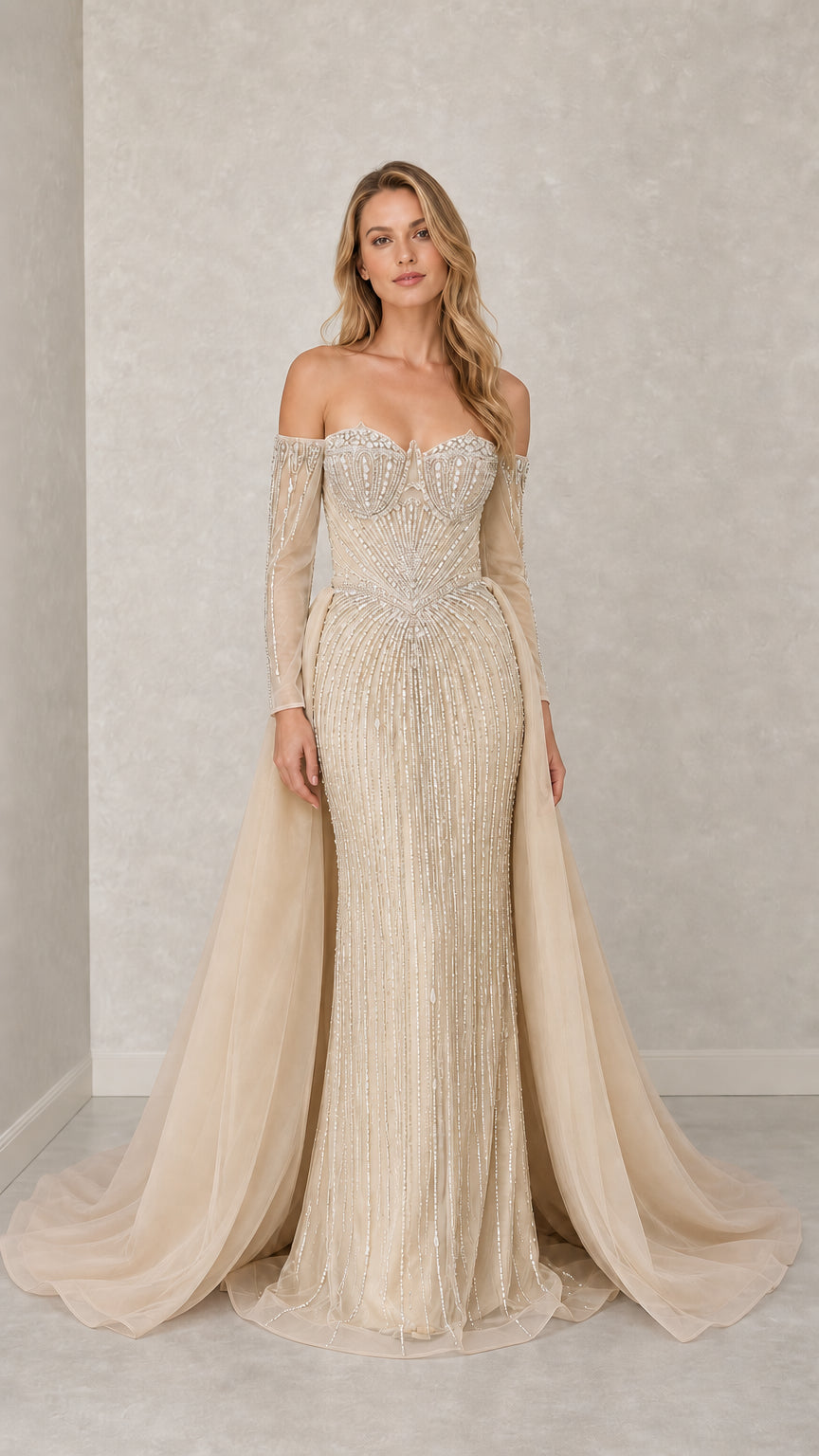 Front view of champagne variant beaded evening gown