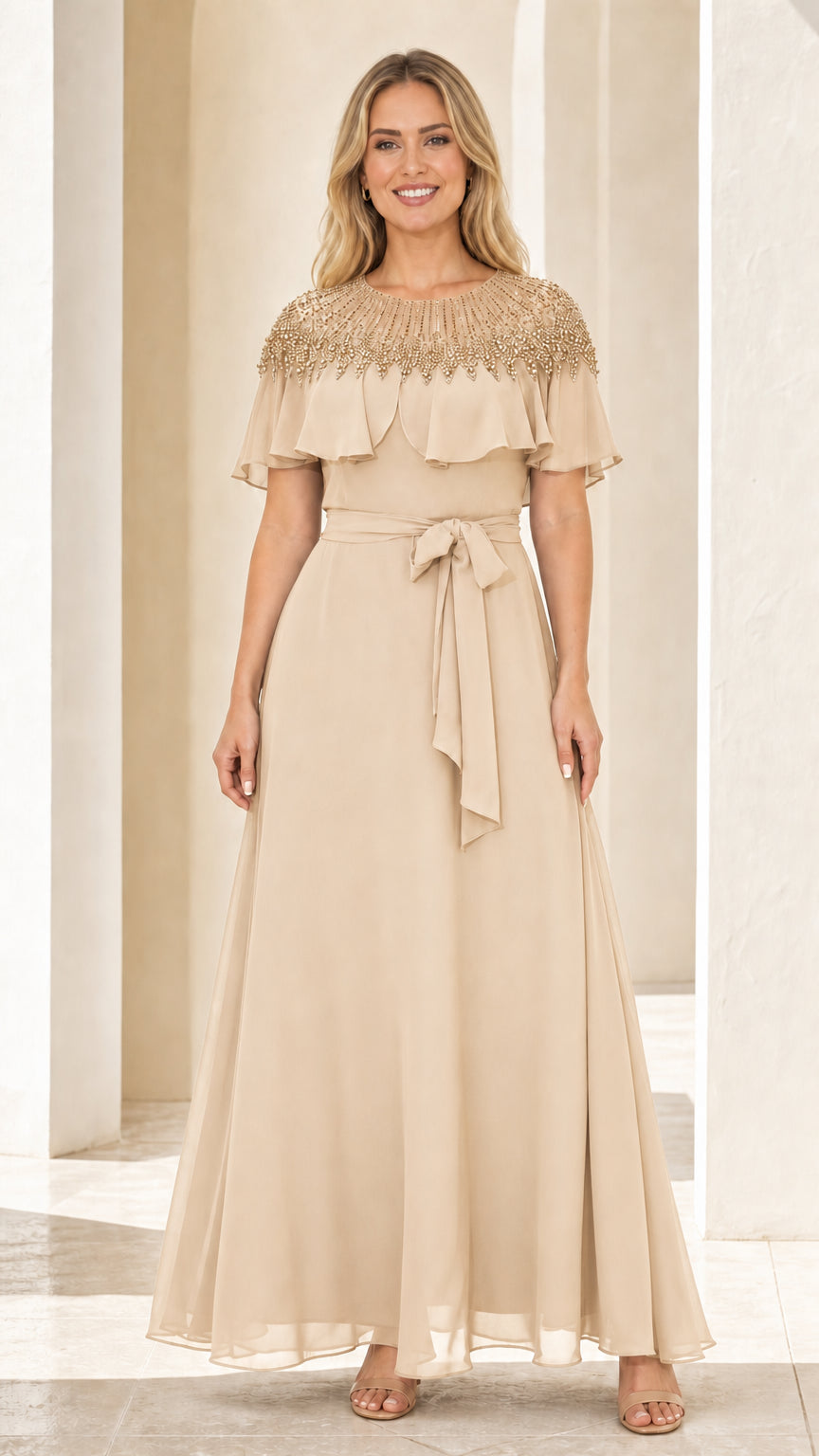 Front view of champagne evening maxi dress