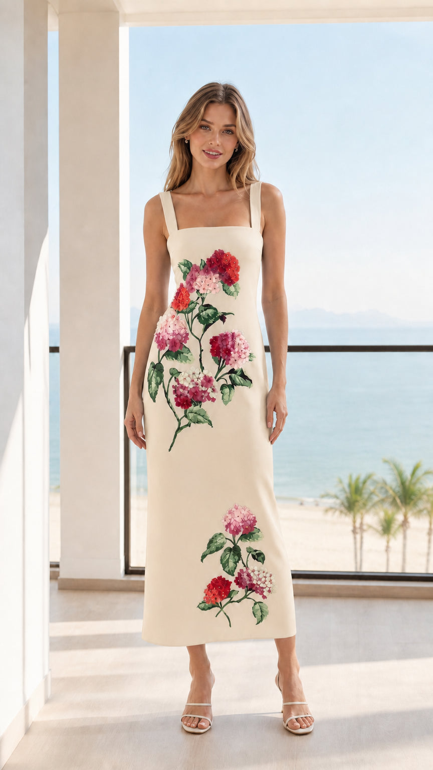 Front view of model wearing Cream floral midi dress