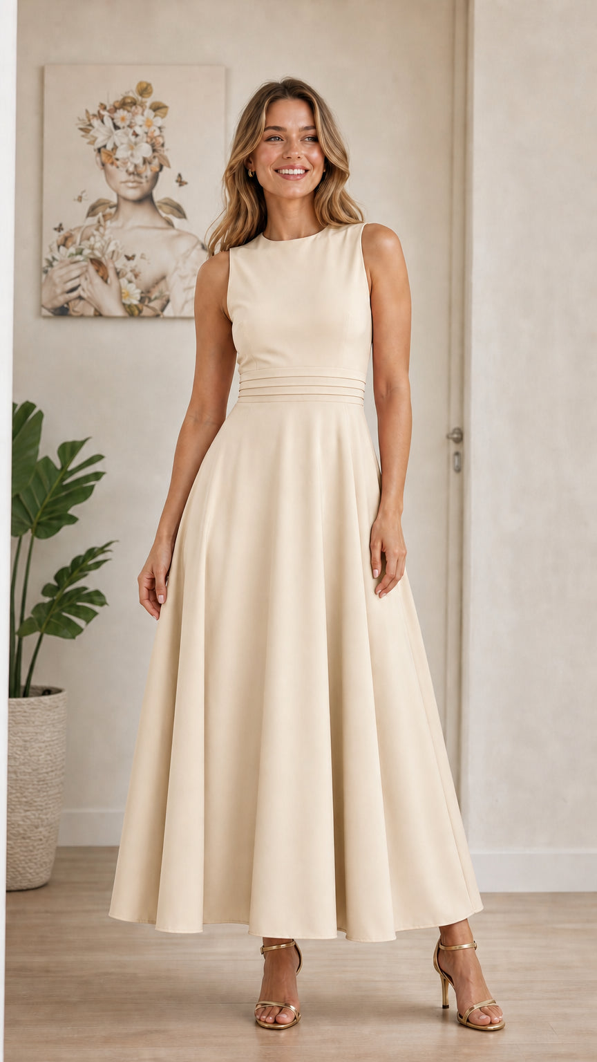 Model wearing beige sleeveless A-line midi dress