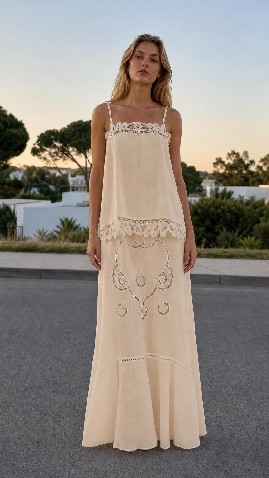 Full outfit view in neutral beige color variant