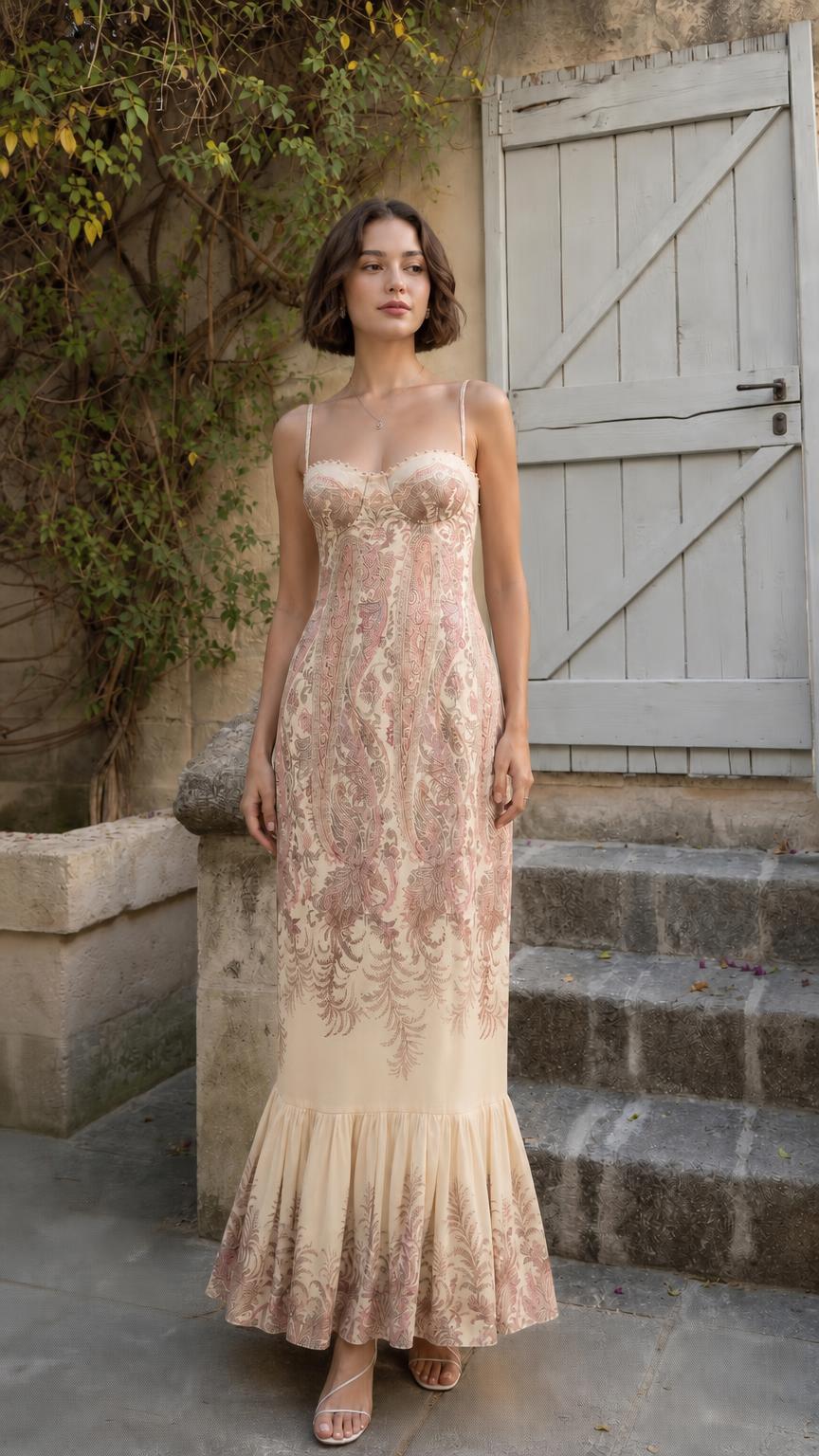 Model wearing champagne beige paisley maxi dress variant