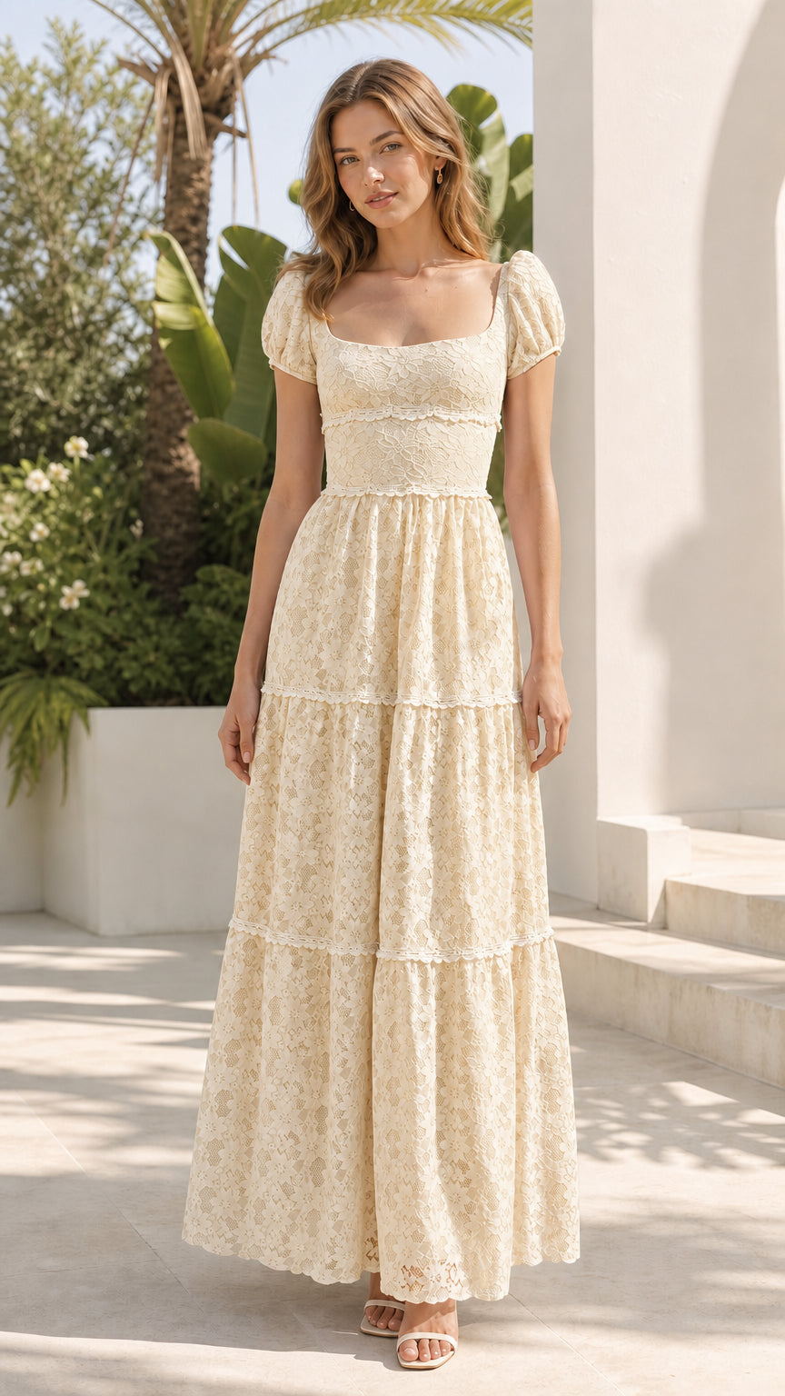 Model wearing cream floral lace maxi dress
