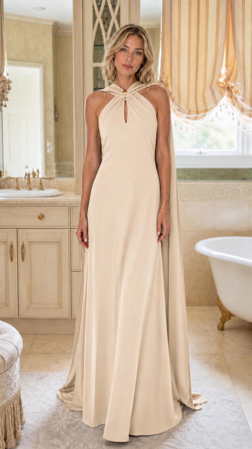 Front view of champagne neutral maxi gown
