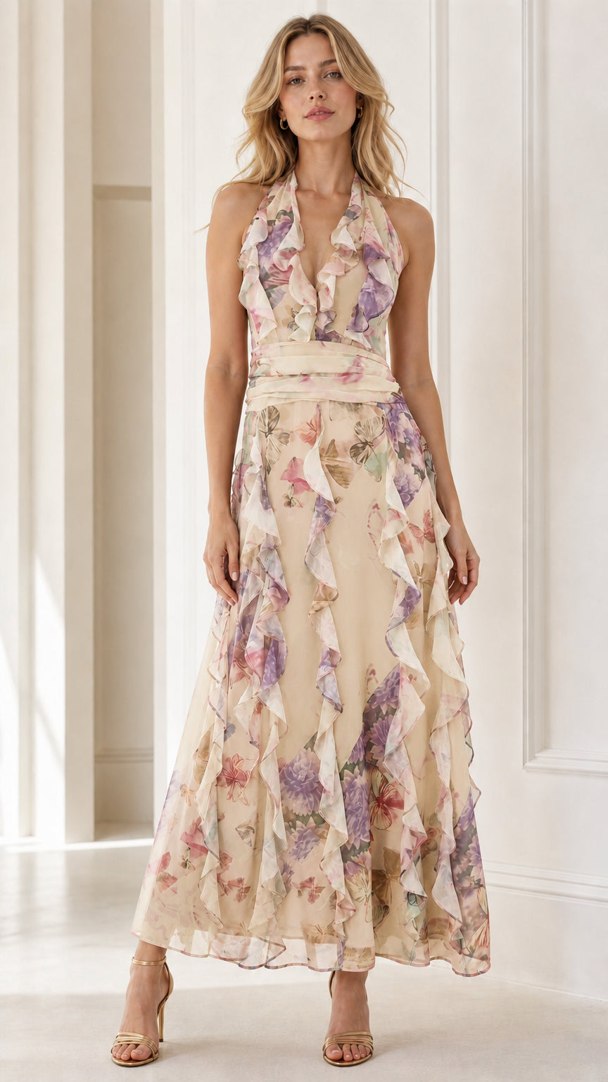 Front view of model wearing champagne floral halter ruffle maxi dress