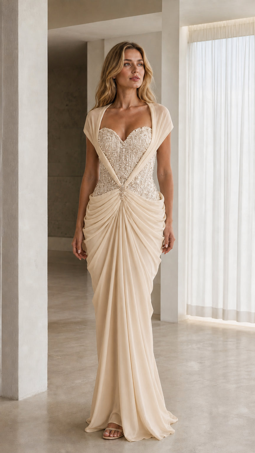 Front view of model in champagne gold embellished floor-length gala dress