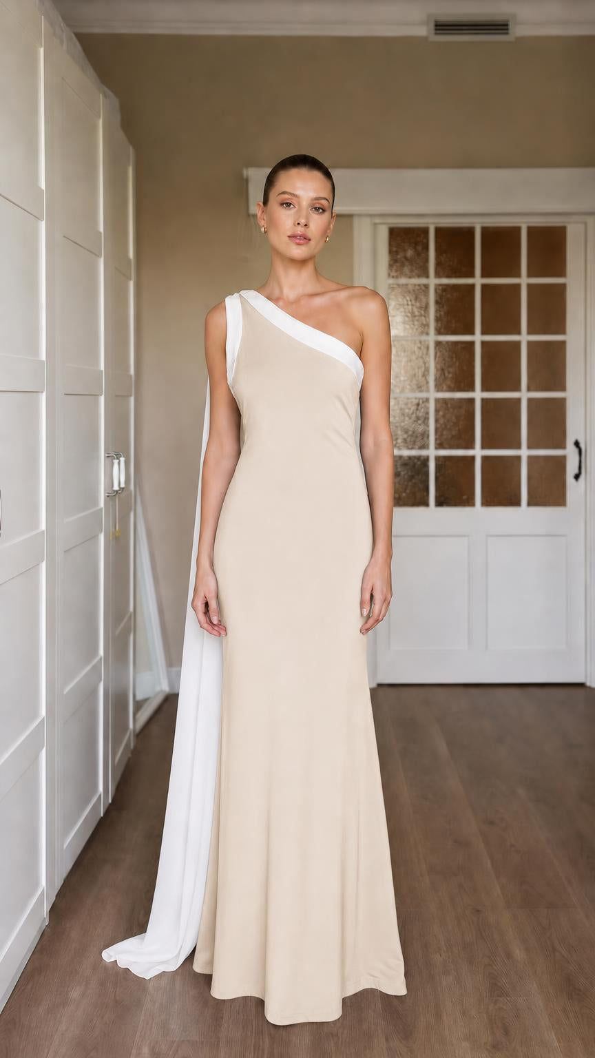 Beige color variant of the one-shoulder evening gown