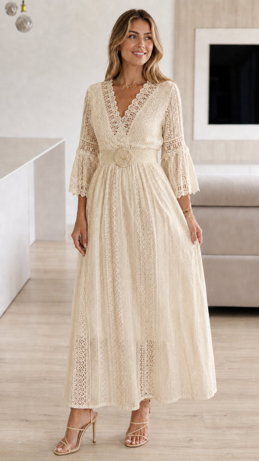 Model wearing beige lace maxi dress with woven belt