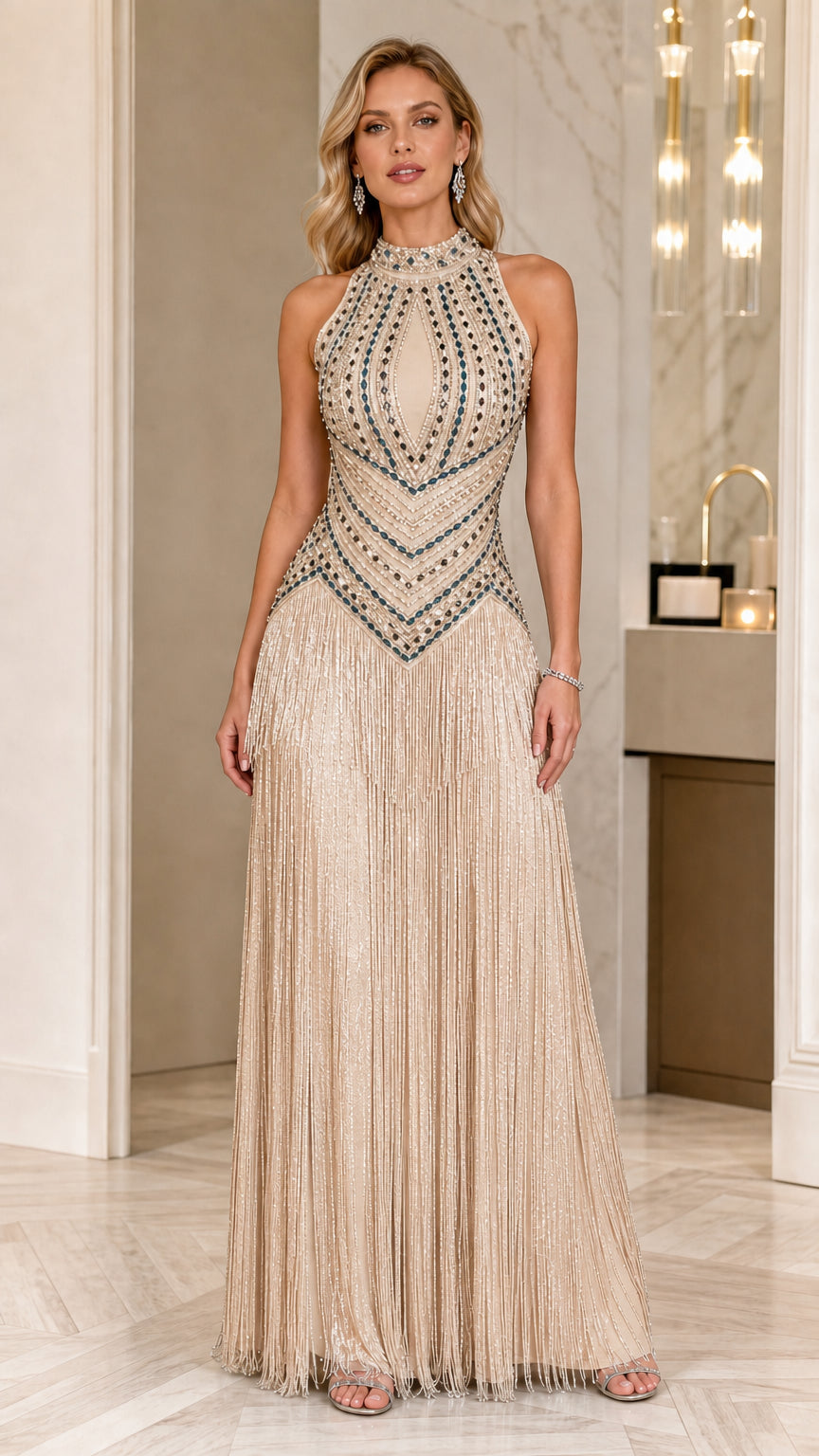 Champagne gold beaded halter maxi formal gown with fringe details