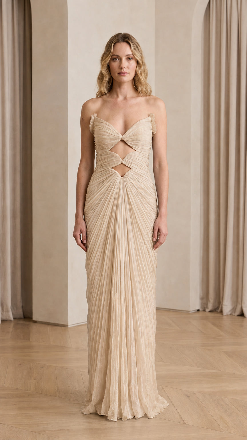 Front view of Champagne cutout pleated evening dress