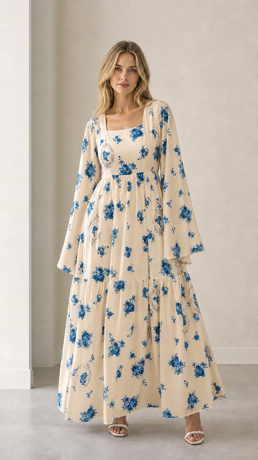 Cream beige floral square neck tiered maxi dress with flare sleeves
