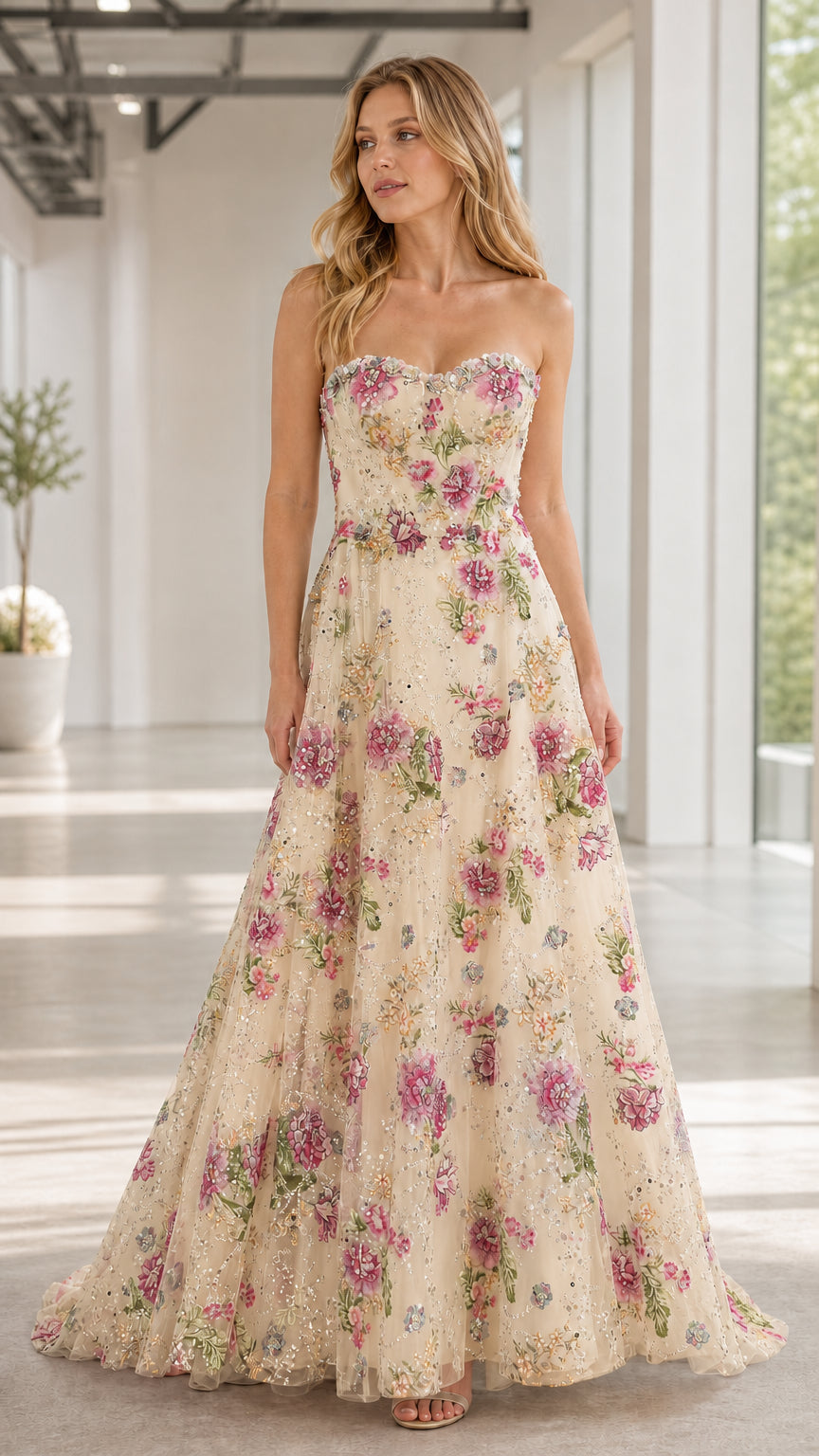 Front view of champagne floral embroidered strapless formal dress