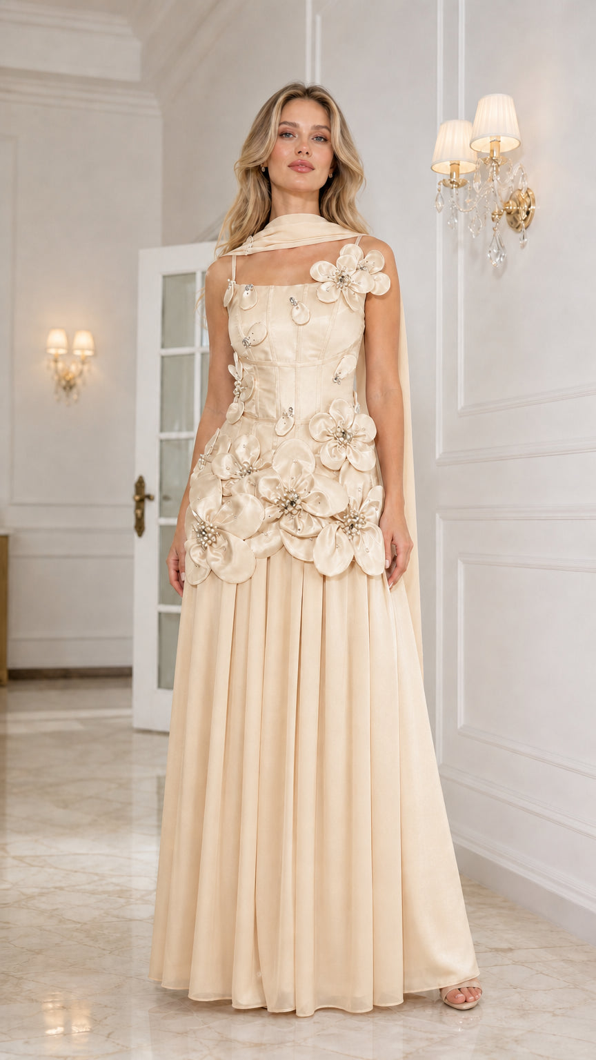 Front view of champagne floral applique corset evening gown