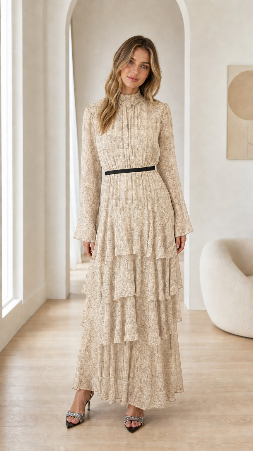 Champagne beige long sleeve pleated tiered ruffle maxi dress on model