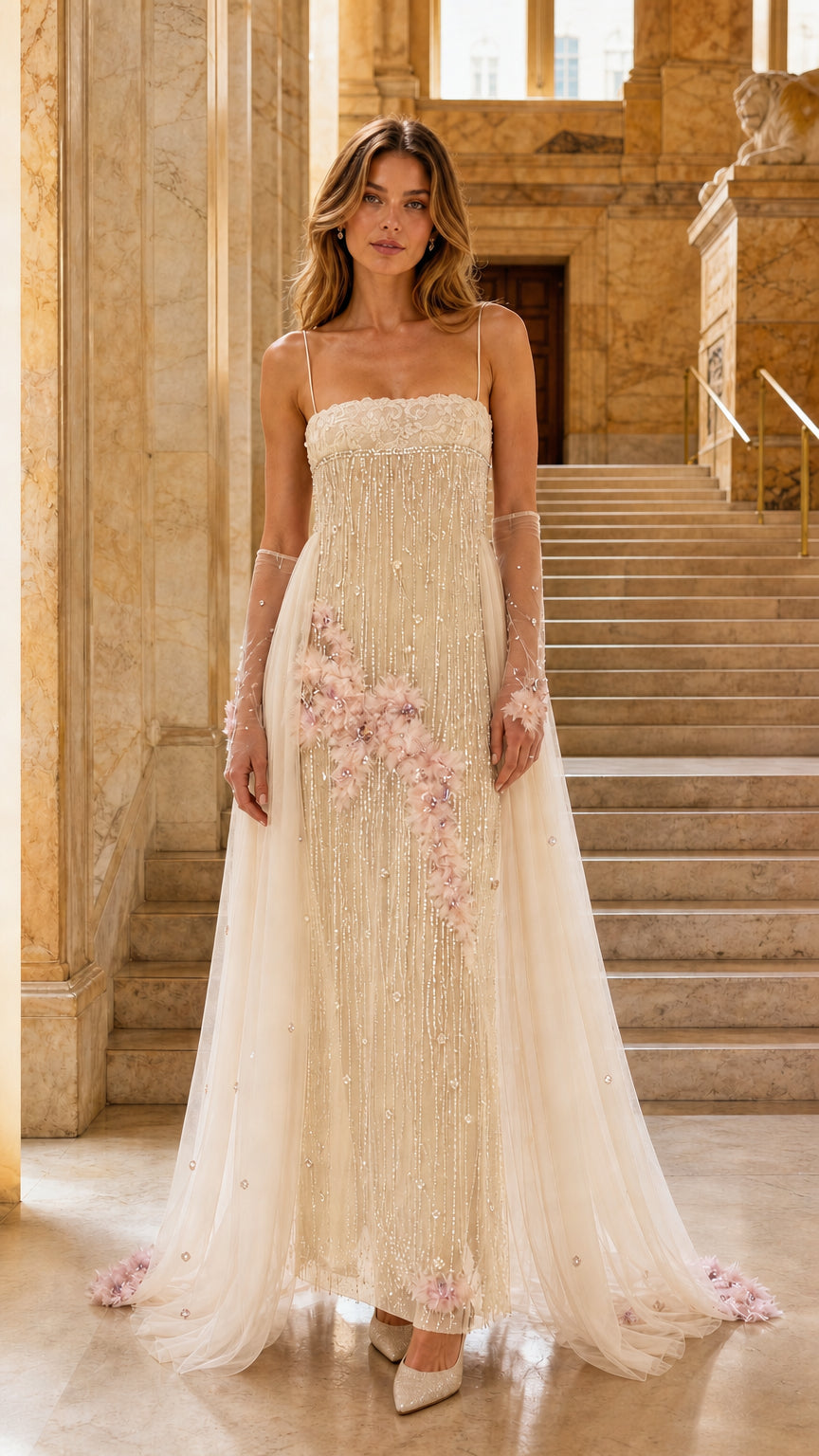 Ivory embellished floor-length evening gown with blush floral appliqué