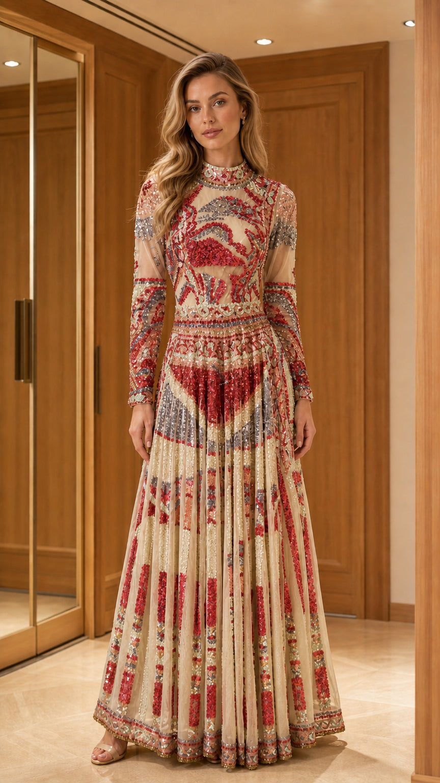 Champagne embellished long sleeve evening gown