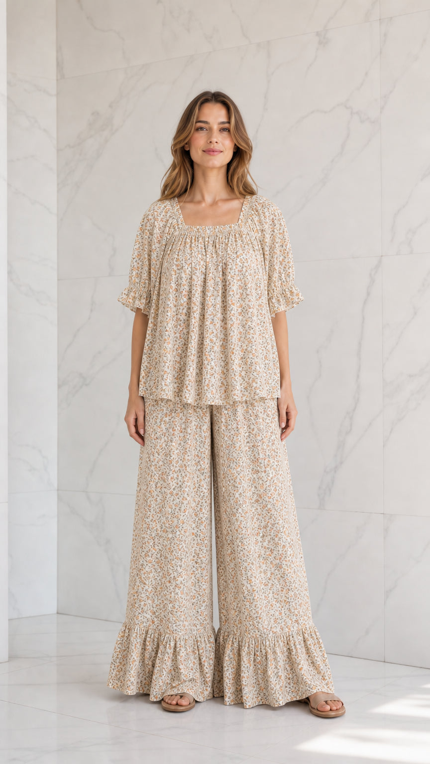 Model wearing beige ditsy floral two-piece wide-leg pants set