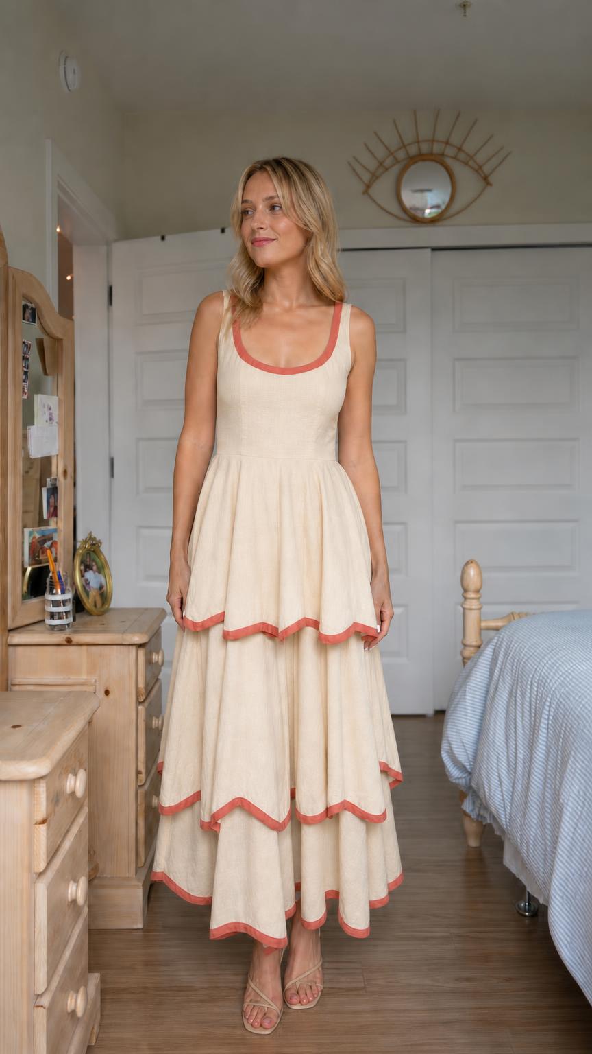 Front view of woman wearing cream tiered maxi dress