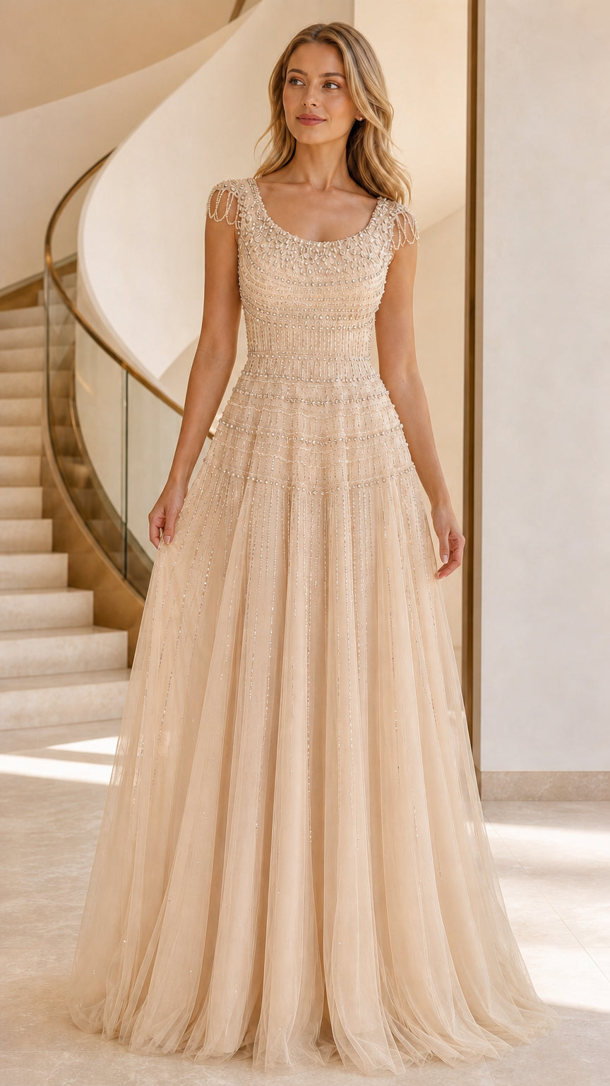 Champagne beaded tulle evening gown