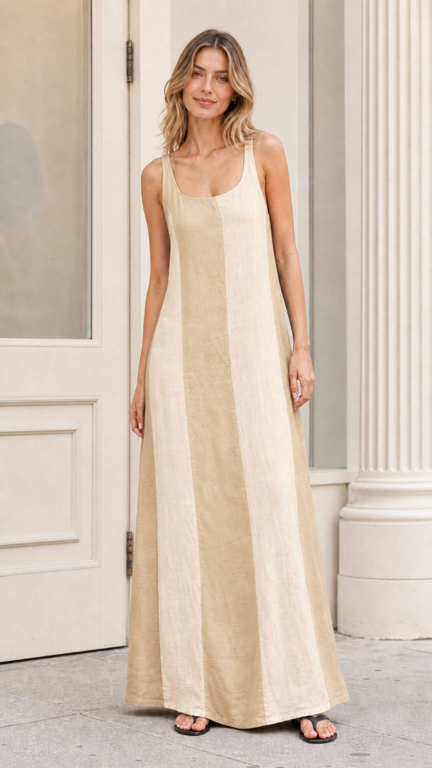 Front view of model wearing beige color-blocked maxi dress