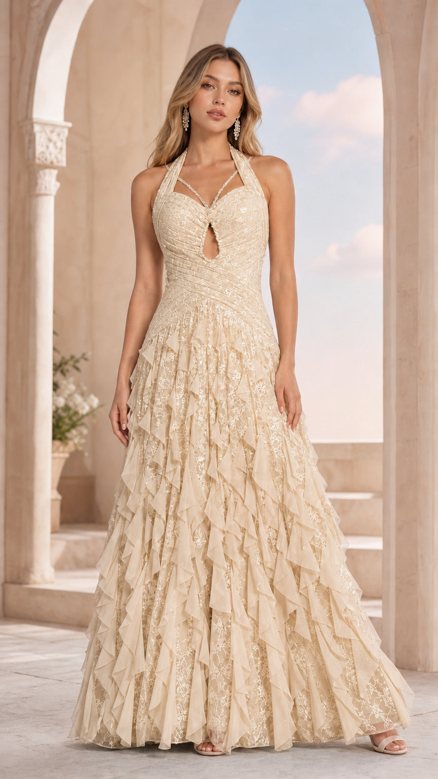 Champagne color variant of halter ruffled evening dress
