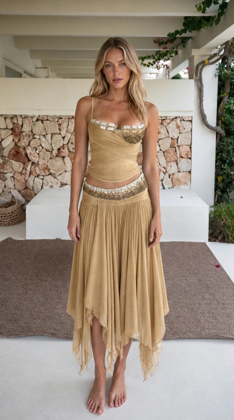 Model wearing khaki two-piece beaded crop top and skirt set