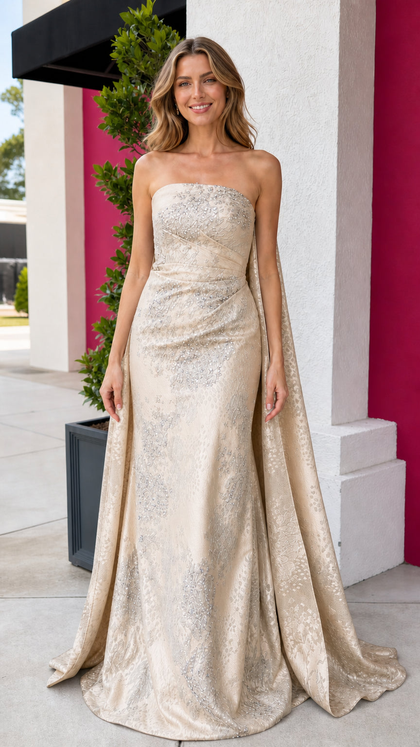 Champagne strapless formal gown with cape