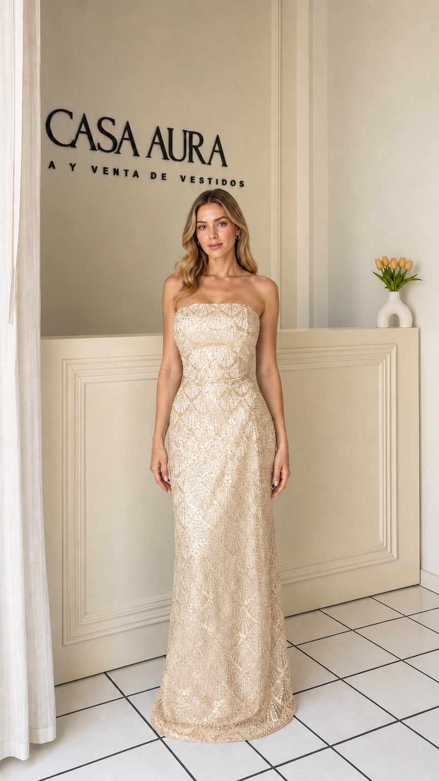 Model wearing champagne strapless sequin evening dress
