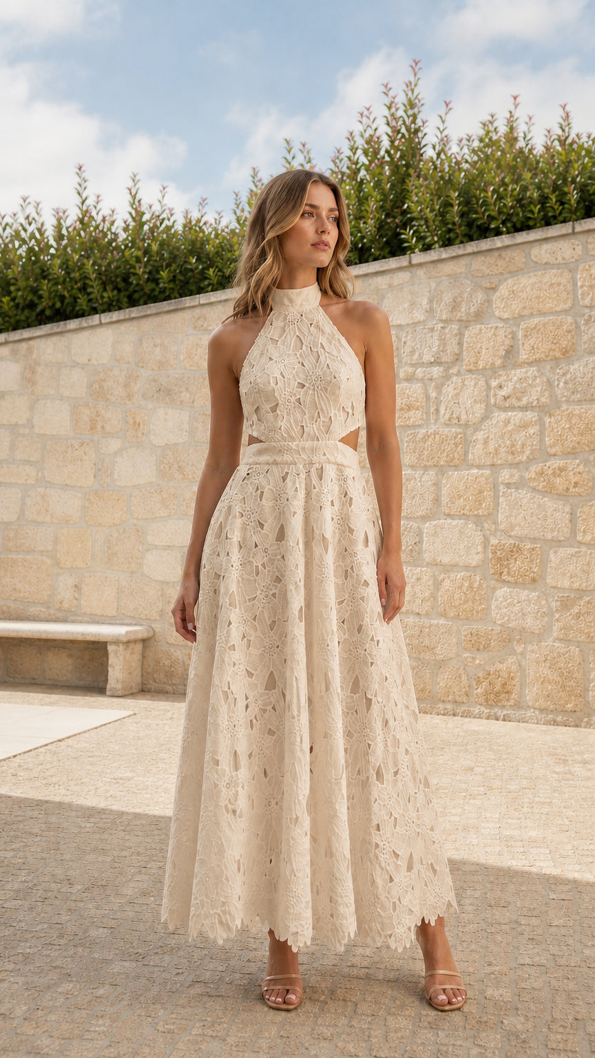 Front view of model wearing Champagne halter lace maxi dress
