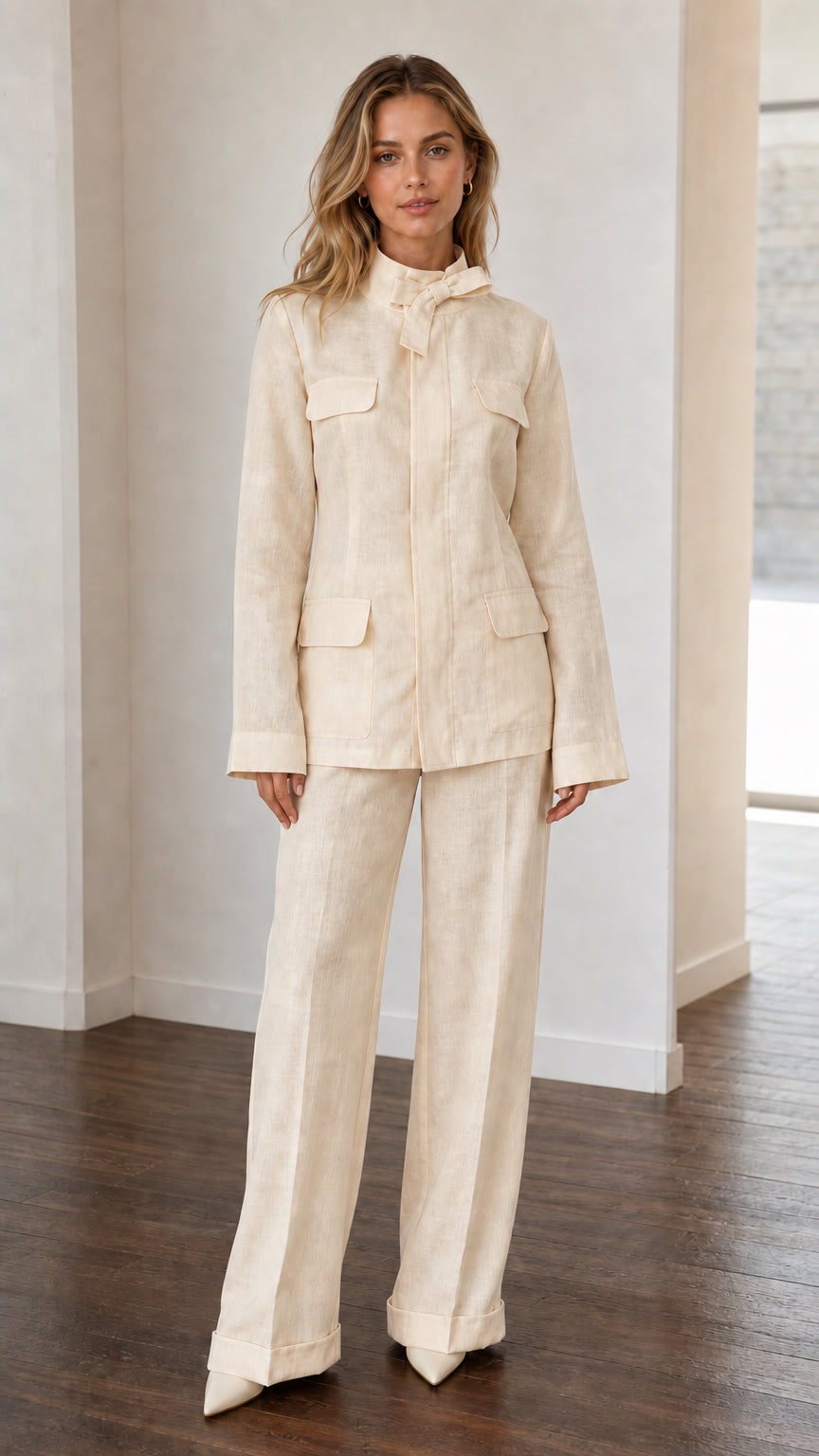 Front view of woman wearing Cream linen-look utility pant suit set