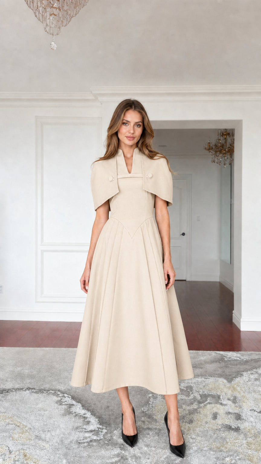 Beige color variant of cape midi dress