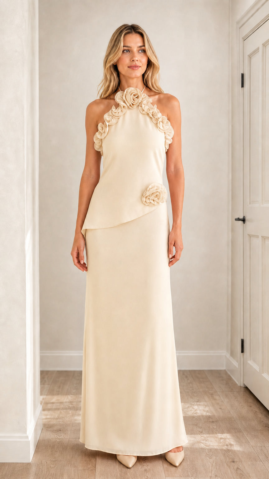 Front view of champagne 3D floral halter maxi dress