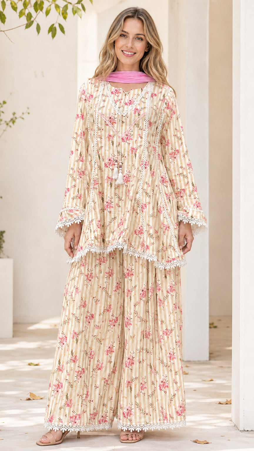 Model wearing beige floral striped tunic and pants set
