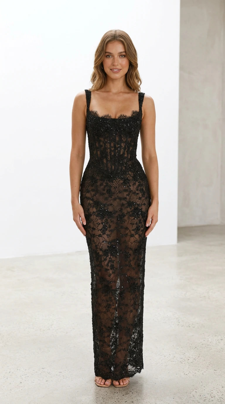 Front view of model wearing black lace corset evening maxi dress