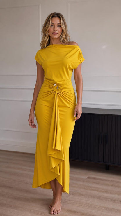 Full front view of model wearing the yellow asymmetrical drape maxi dress
