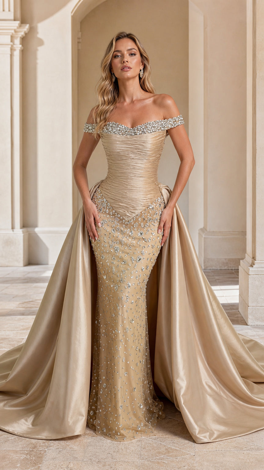 Front view of model wearing Champagne off-the-shoulder beaded evening gown with overskirt