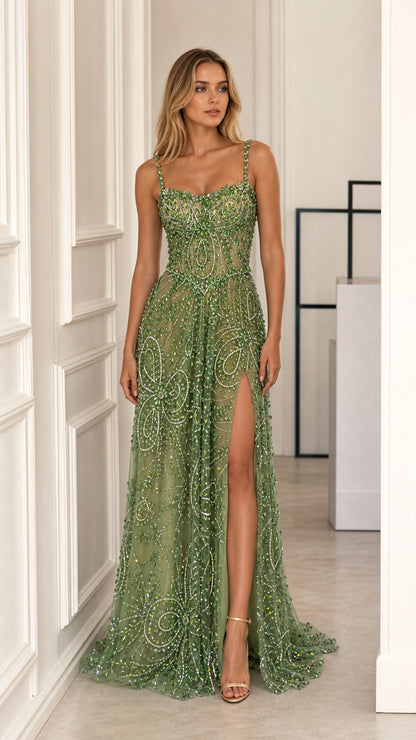 Sage Green embellished evening gown front view with slit
