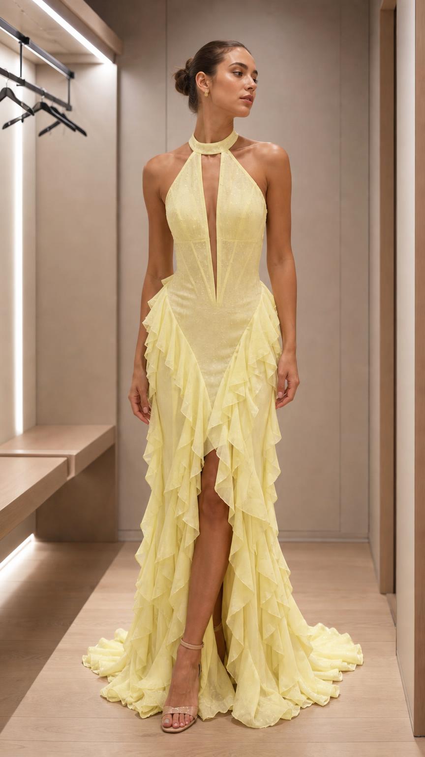 Front view of yellow halter neck evening dress with ruffles