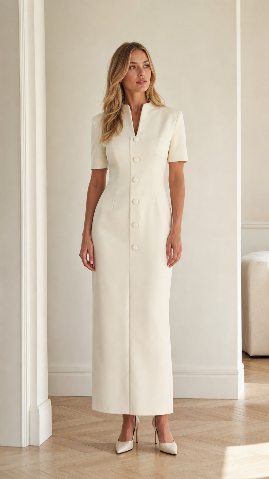 Front full view of woman wearing ivory short sleeve stand collar column maxi dress with covered buttons