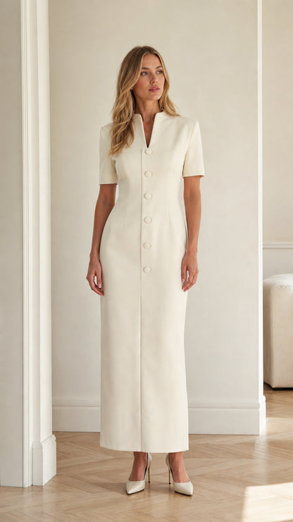 Front full view of woman wearing ivory short sleeve stand collar column maxi dress with covered buttons
