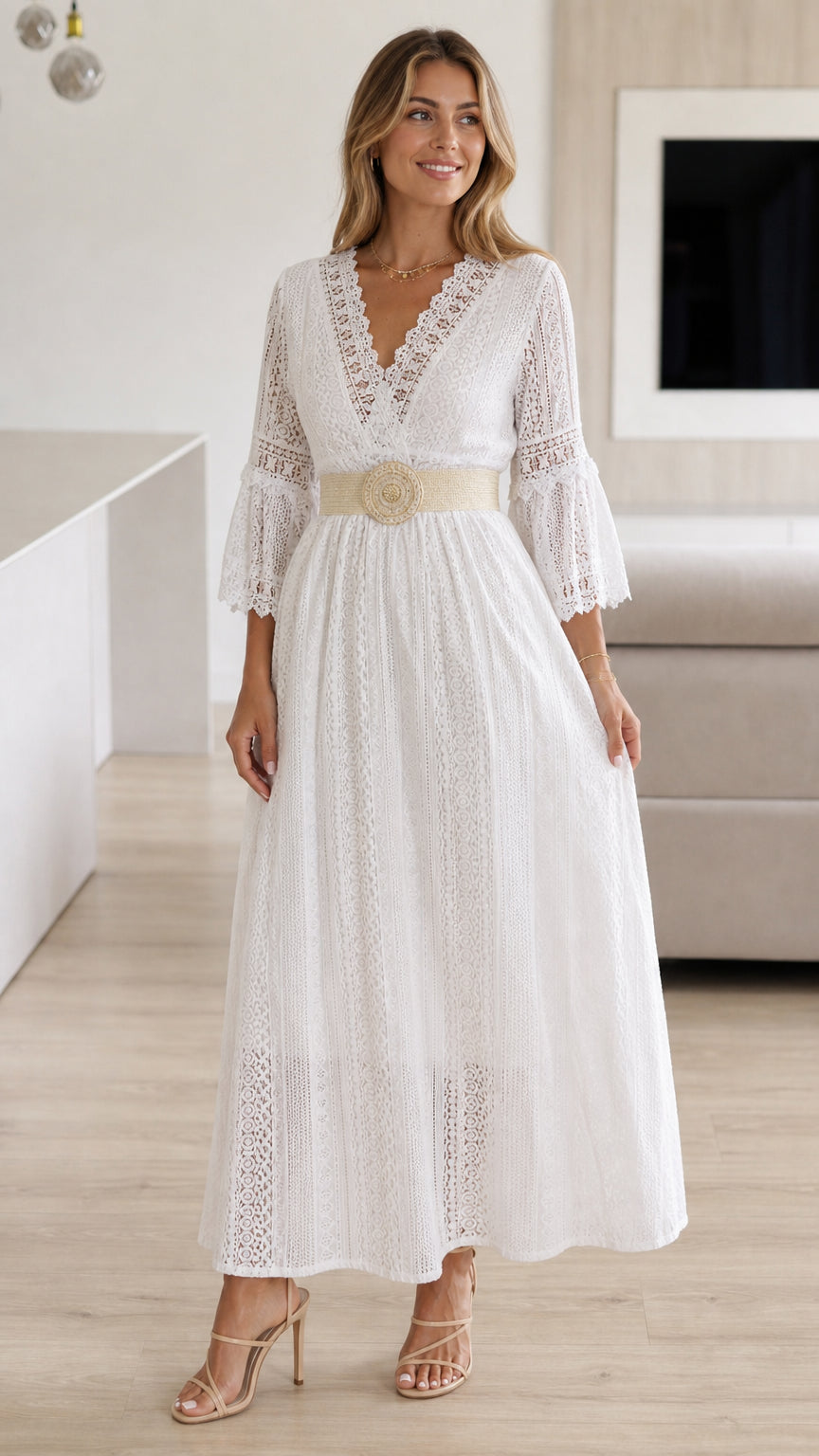Front view of model wearing white lace maxi dress with woven belt