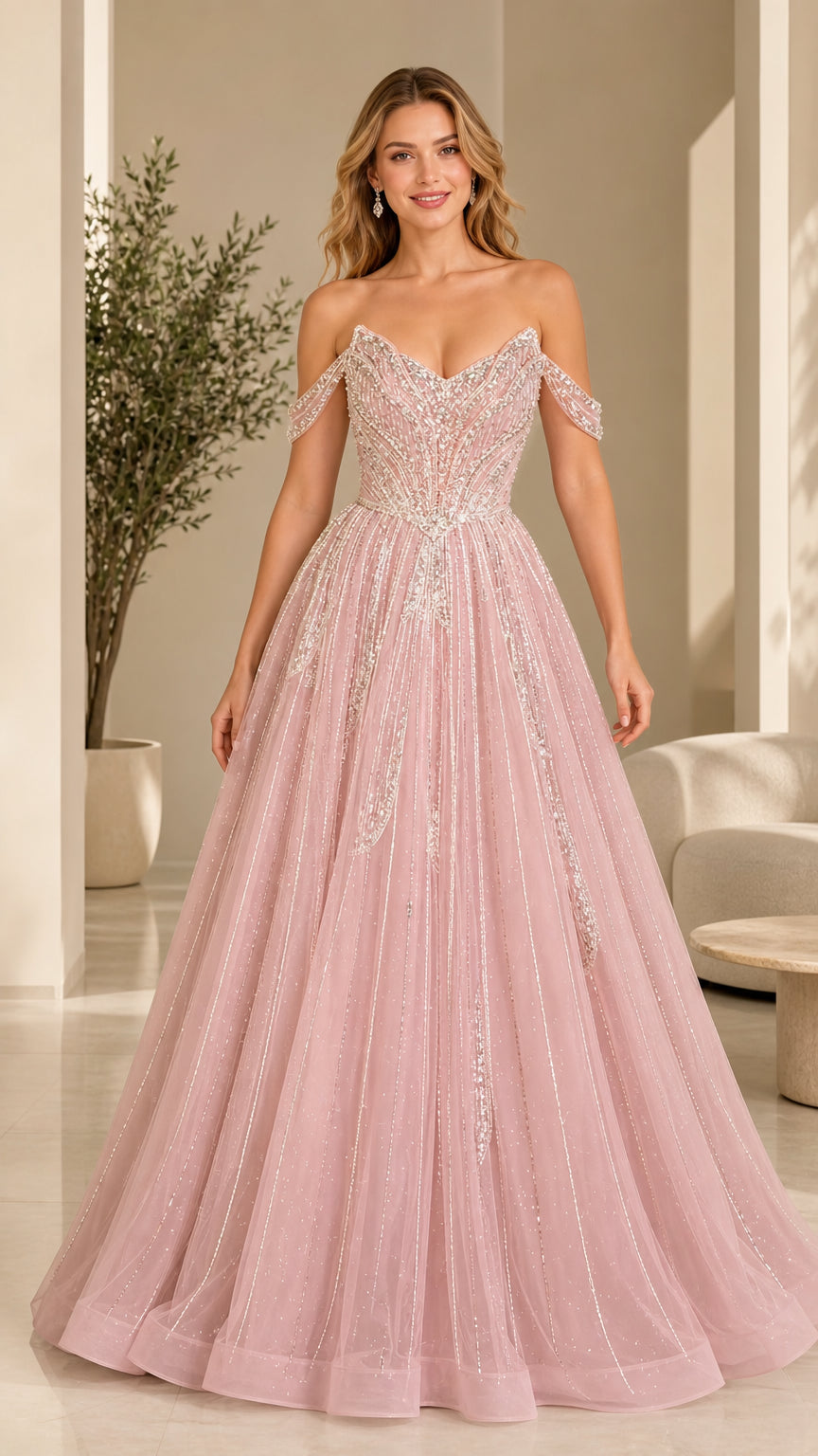 Front view of pink off-shoulder beaded tulle ball gown