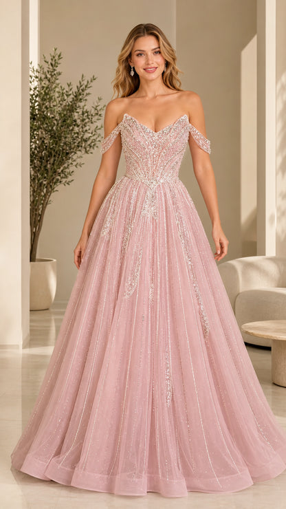Front view of pink off-shoulder beaded tulle ball gown
