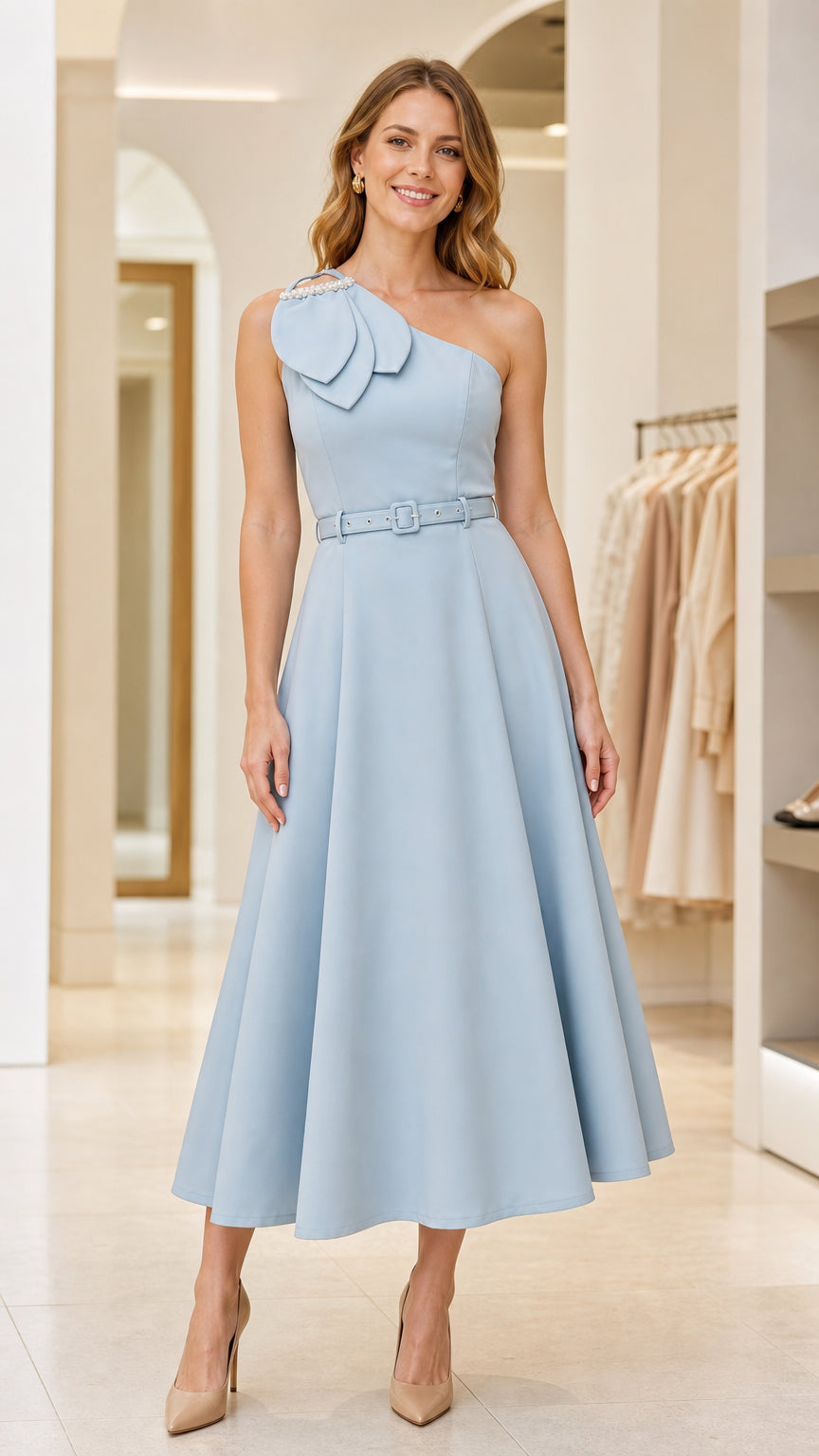 Front view of model wearing light blue one-shoulder midi dress with petal details