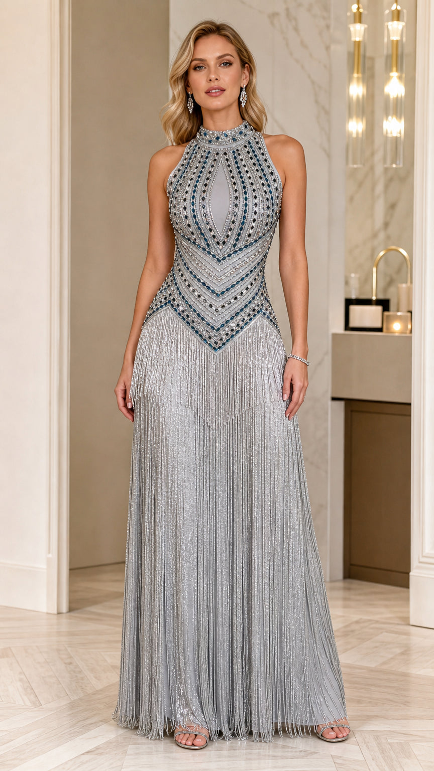 Silver rhinestone beaded halter maxi gown with flowing fringe skirt front view