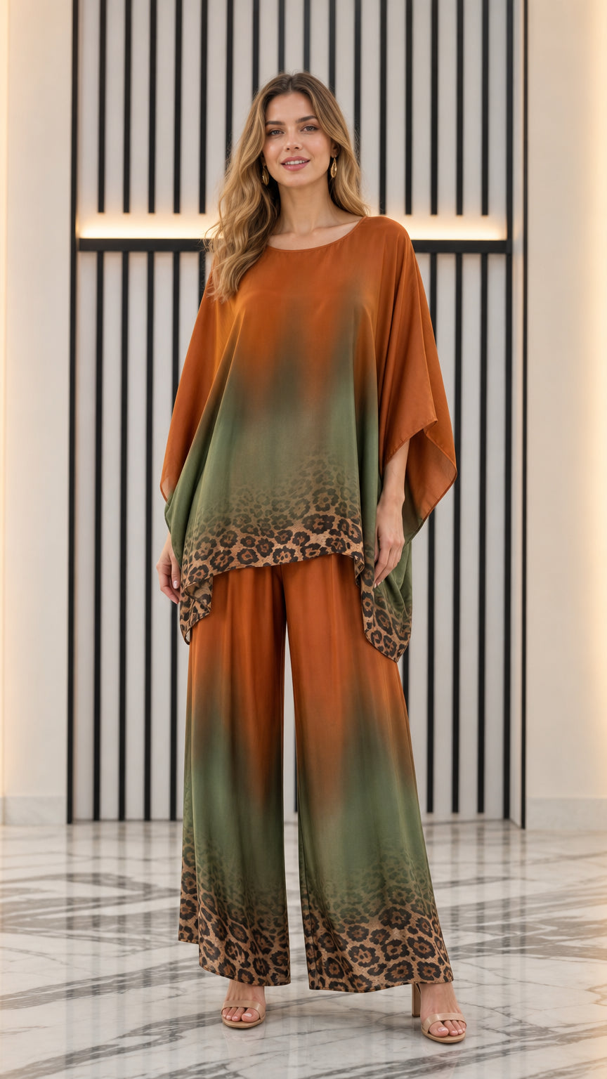 Front view of rust and olive ombre batwing top and wide-leg pants set