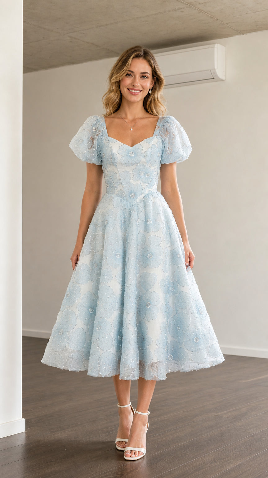 Front view of light blue puff sleeve midi dress