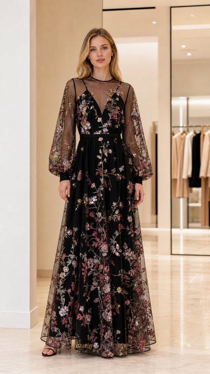 Front view of woman wearing black floral embroidered long sleeve maxi dress