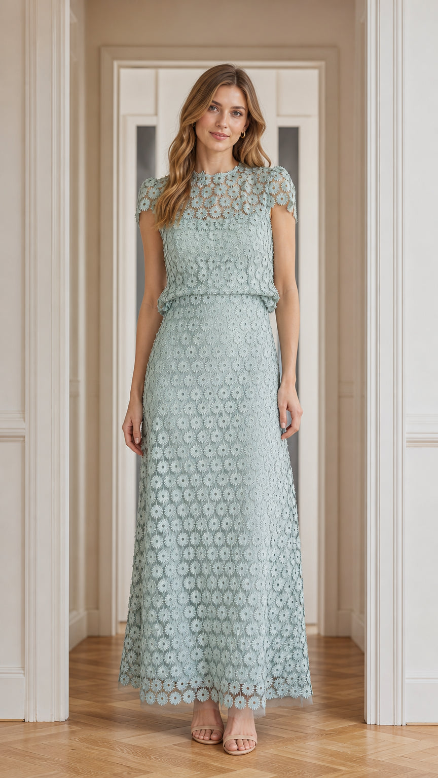 Model wearing sage green floral lace maxi dress, front view