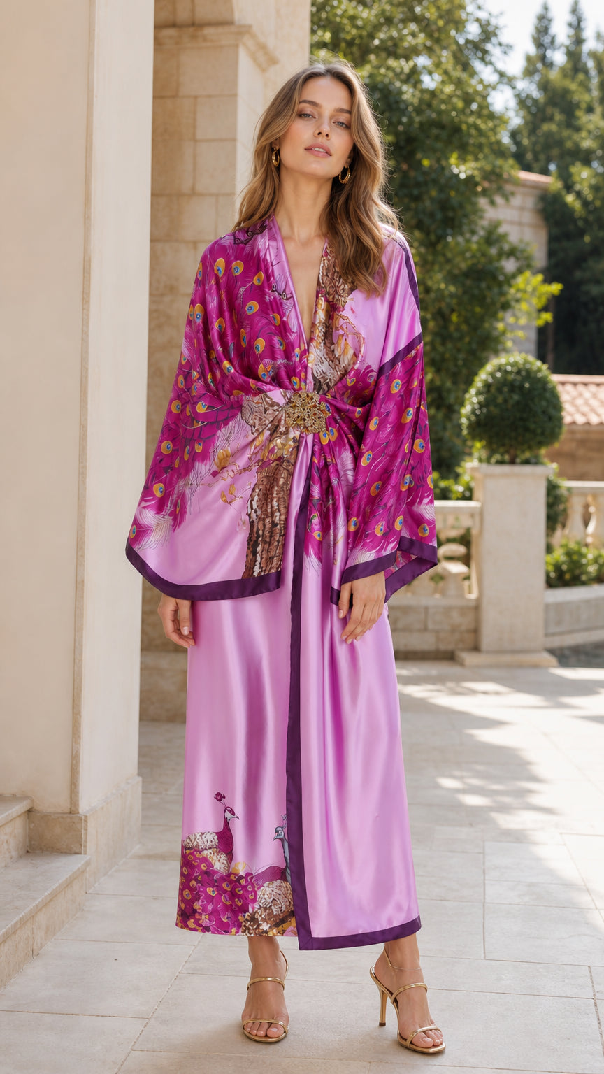 Model wearing the lilac peacock print kimono and wide-leg pants set from the front